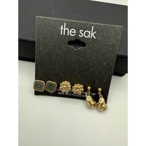 The Sak Gold Tone Sage Green Stone Post Stud Earrings Lot of 3 NWT New - Picture 1 of 5